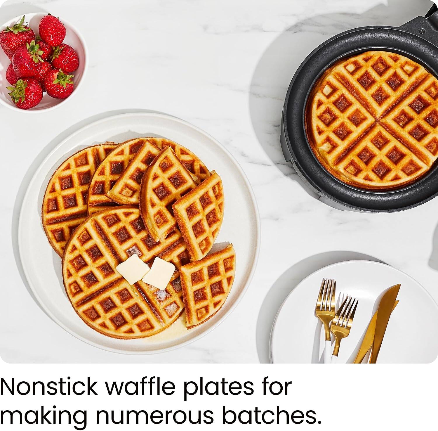 Nonstick waffle plates for making numerous batches.