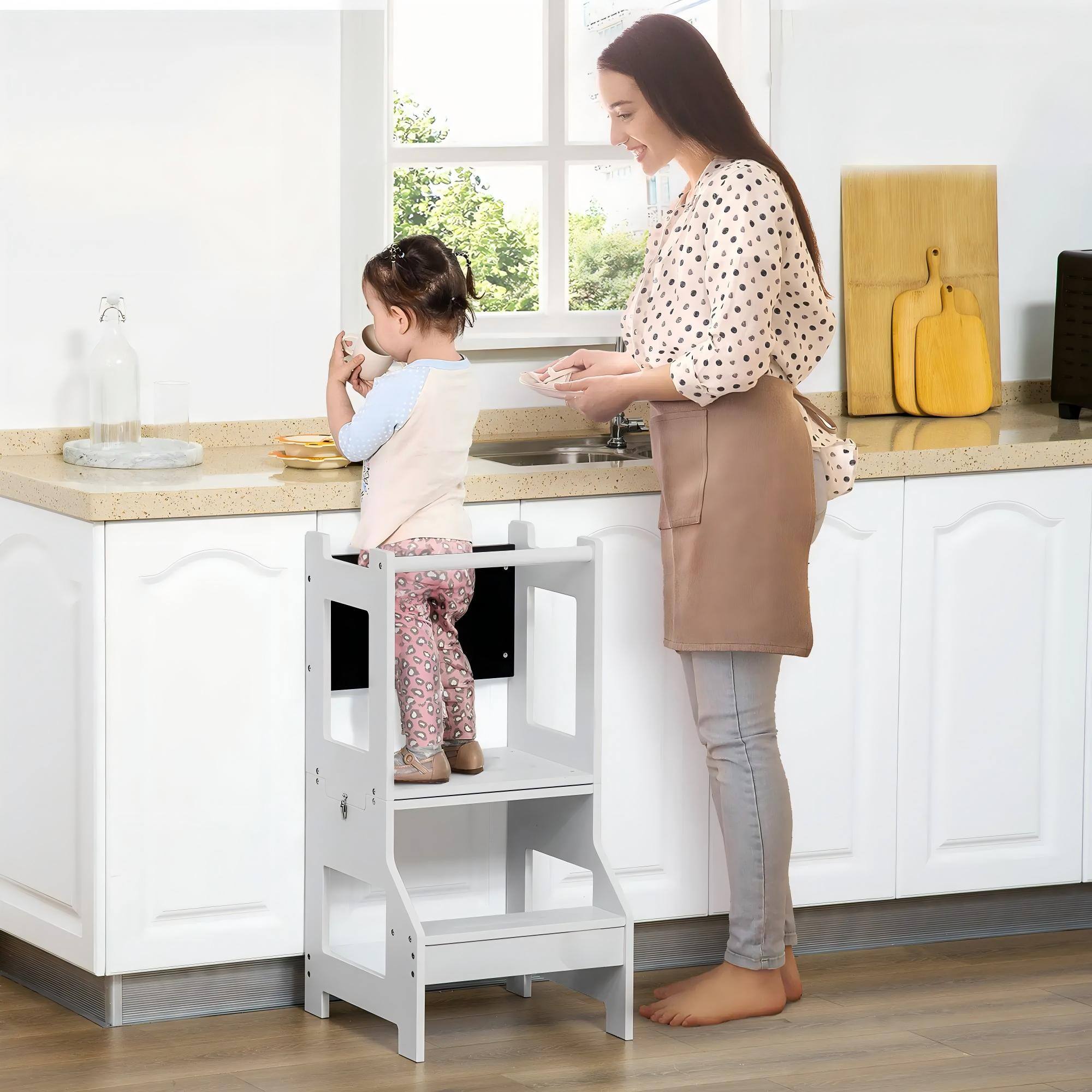 Angle. HONGGE - Kids Kitchen Helper Stool with Chalkboard Convertible Table Design.