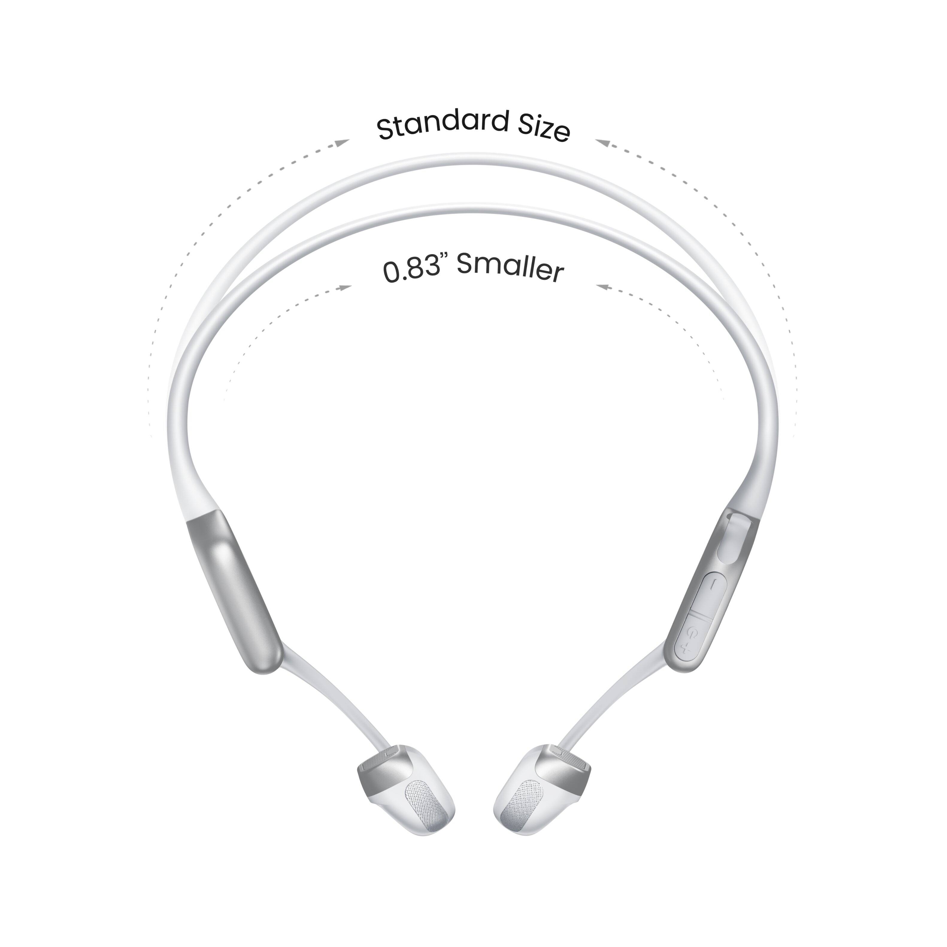 The image features a white headset with a standard size of 0.83" smaller.
