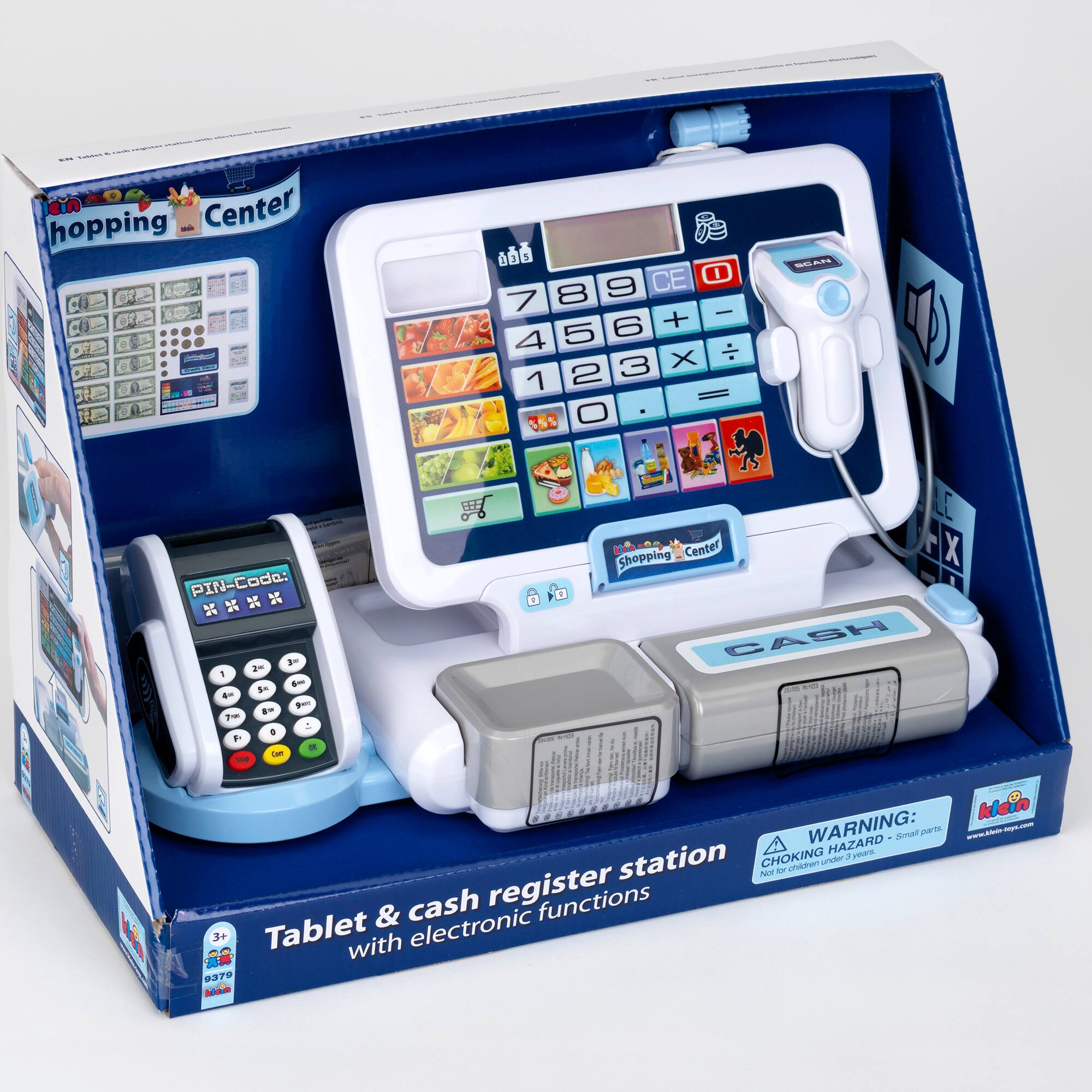 - | - . I hopping Center - -   9 CE 7 8 | 6 + 4 5 3 X 1 2 = O i - PIN-Code: i a 1 a Se u  a- 1 = a F - - - LE Shopping Center X CASH I kein WARNING: HAZARD Smar pats - station CHOKING 2 nE cen undder N -- cash register functions & electronic 3t Tablet with 9arO