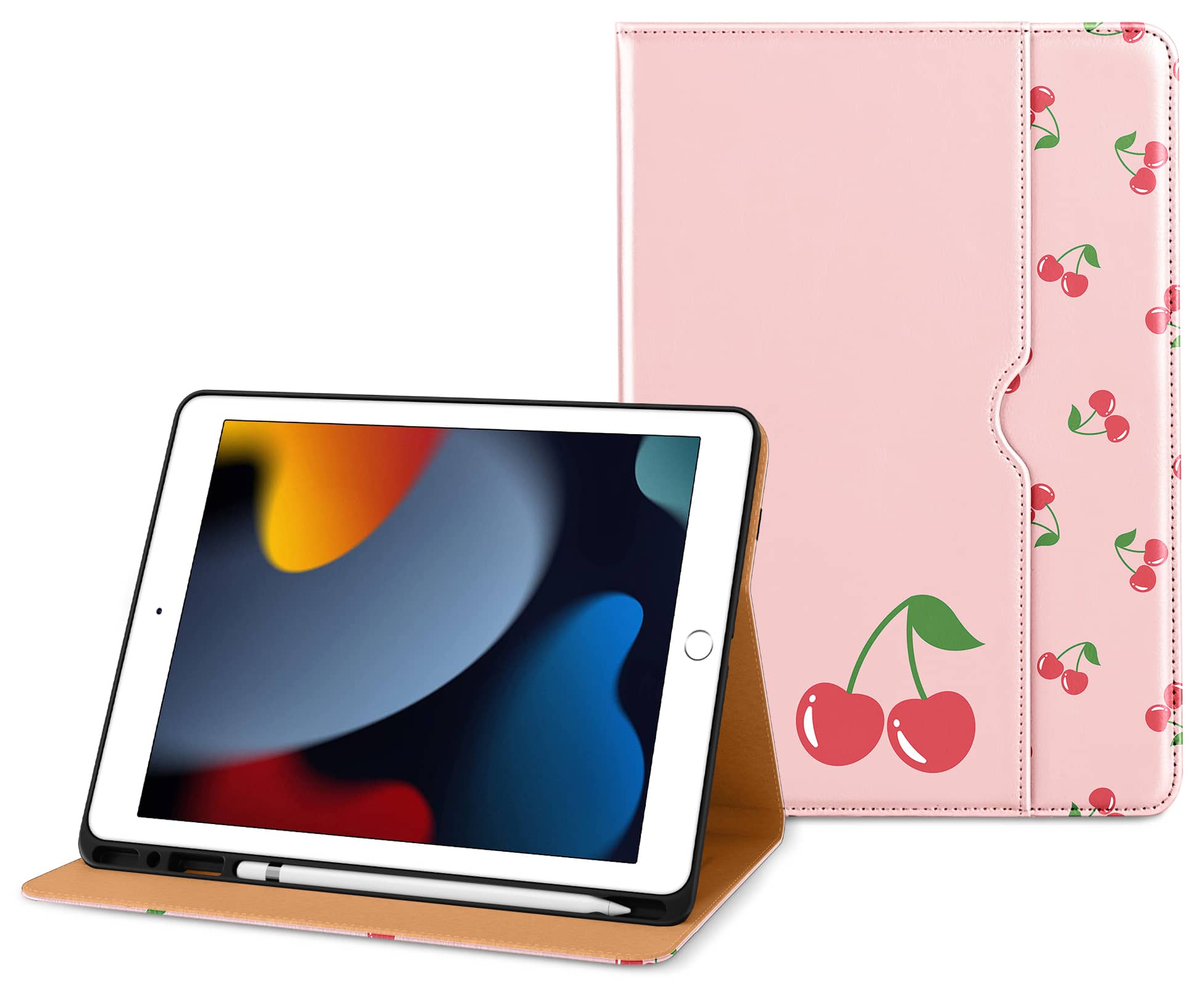 Front. DTTO - ​Case for iPad 9th/8th/7th Generation 10.2 Inch 2021/2020/2019, Premium Leather Folio Stand - Auto Wake/Sleep - Cherries.