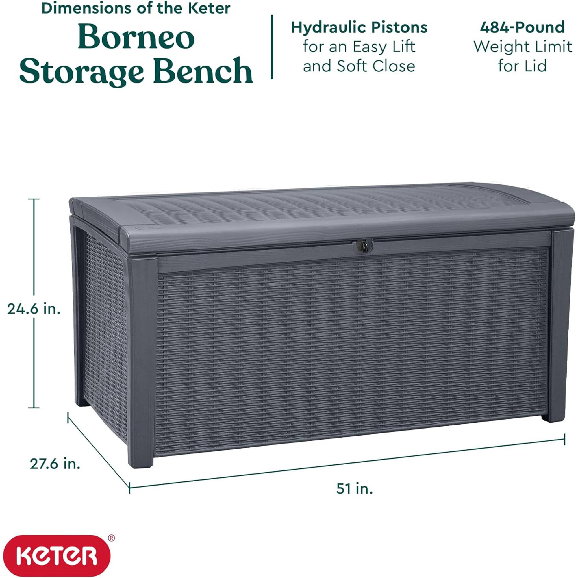 Dimensions of the Keter Borneo Storage Bench

- Hydraulic Pistons for an Easy Lift and Soft Close
- 484-Pound Weight Limit for Lid

Dimensions:
- 24.6 in. (height)
- 27.6 in. (depth)
- 51 in. (width)

KETER