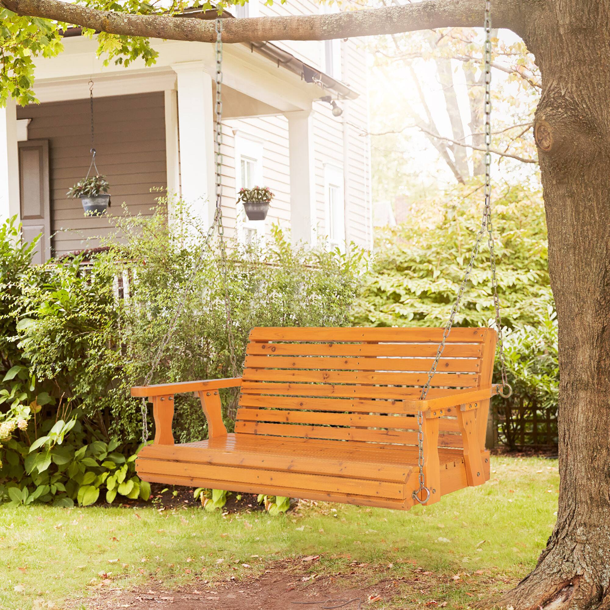 Alt View 4. Gymax - Gymax 2-Person Porch Swing Chair Wooden Garden Swing Bench w/ Adjustable Chains Orange - Orange.
