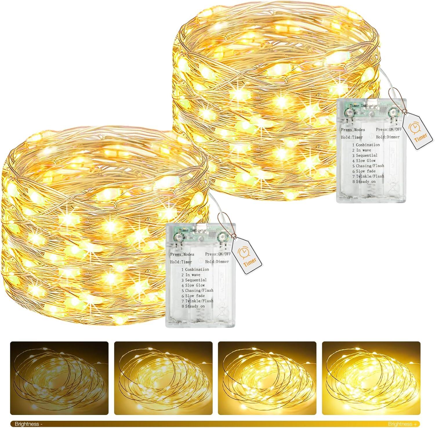 Veranti - 2-Pack Fairy String Lights with Timer & Dimmer, 16.4FT 50 LED, 8 Modes, Waterproof, USB-C/Battery