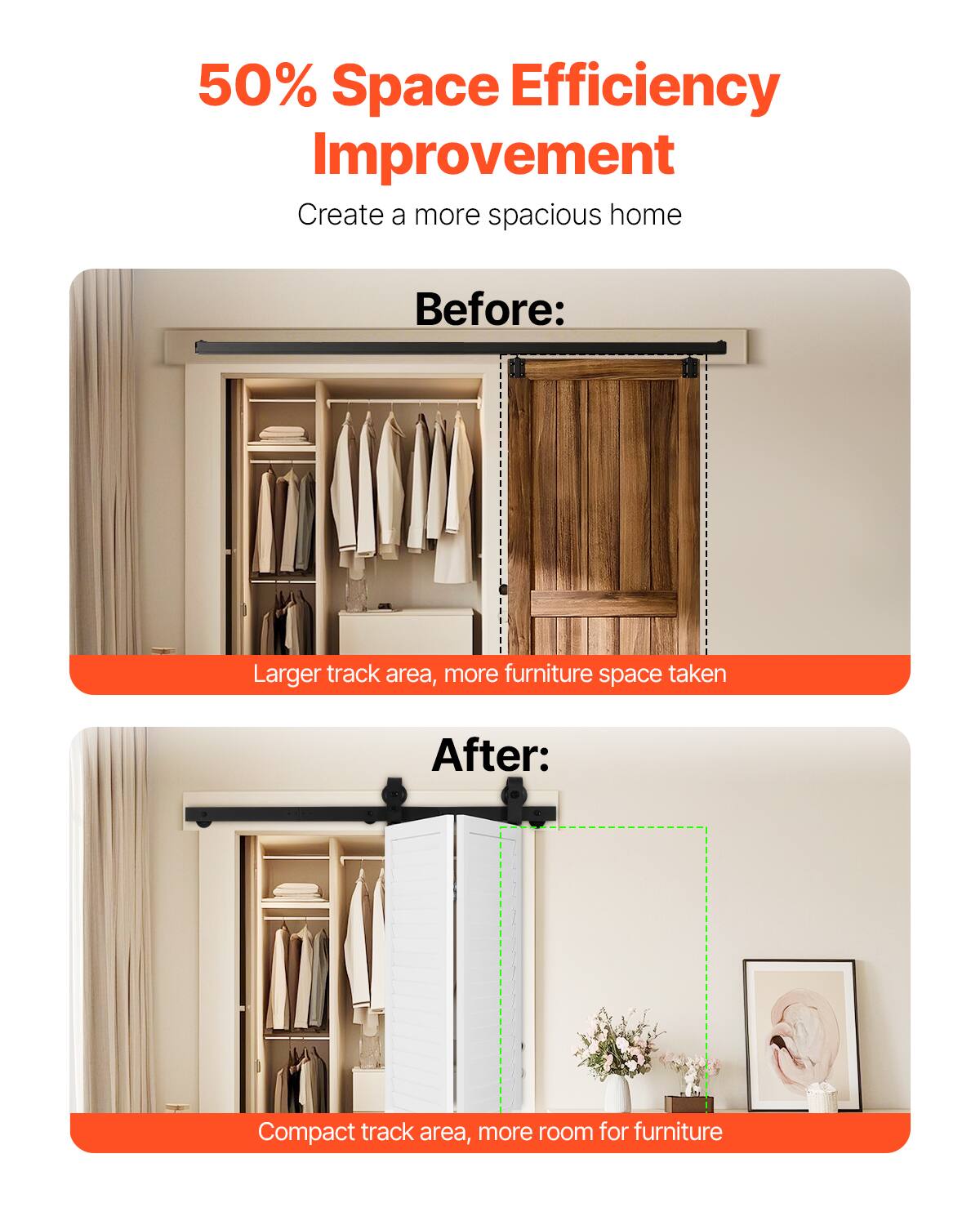 50% Space Efficiency Improvement  
Create a more spacious home  

Before:  
Larger track area, more furniture space taken  

After:  
Compact track area, more room for furniture