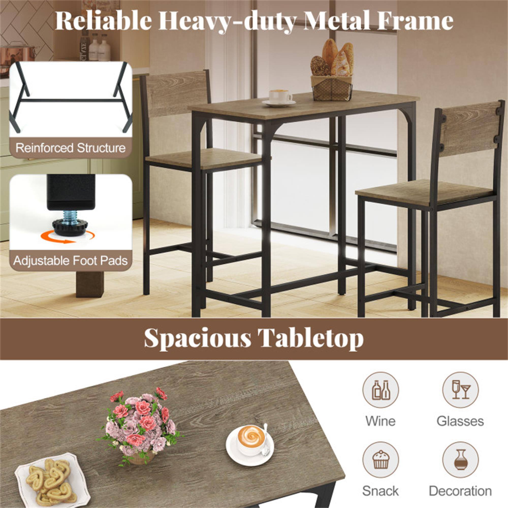 Reliable Heavy-duty Metal Frame  
Reinforced Structure  
Adjustable Foot Pads  
Spacious Tabletop  
Wine Glasses  
Snack Decoration