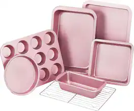 KITESSENSU - Nonstick Bakeware Sets 7-Piece with Round/Square Cake Pan, Loaf Pan, Muffin Pan, Cookie Sheet, Roast Pan, Cooling Rack - Pink