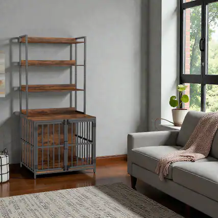 Front. Hivvago - Furniture-Style Wooden Dog Cage Featuring Shelves and Double Entry.