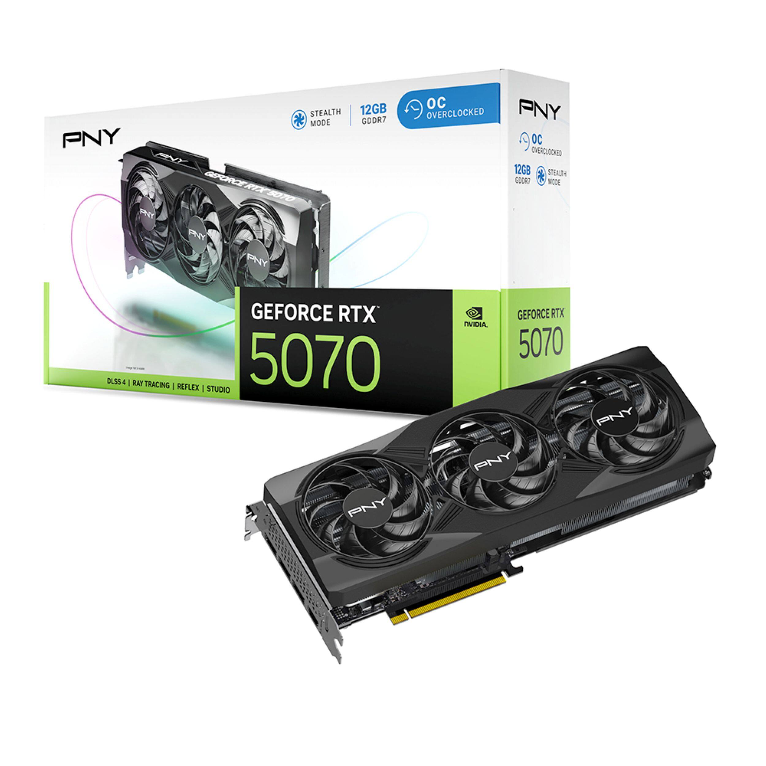 PNY GEFORCE RTX 5070  
12GB GDDR7  
OC OVERCLOCKED  
STEALTH MODE  
DLSS | RAY TRACING | REFLEX | STUDIO