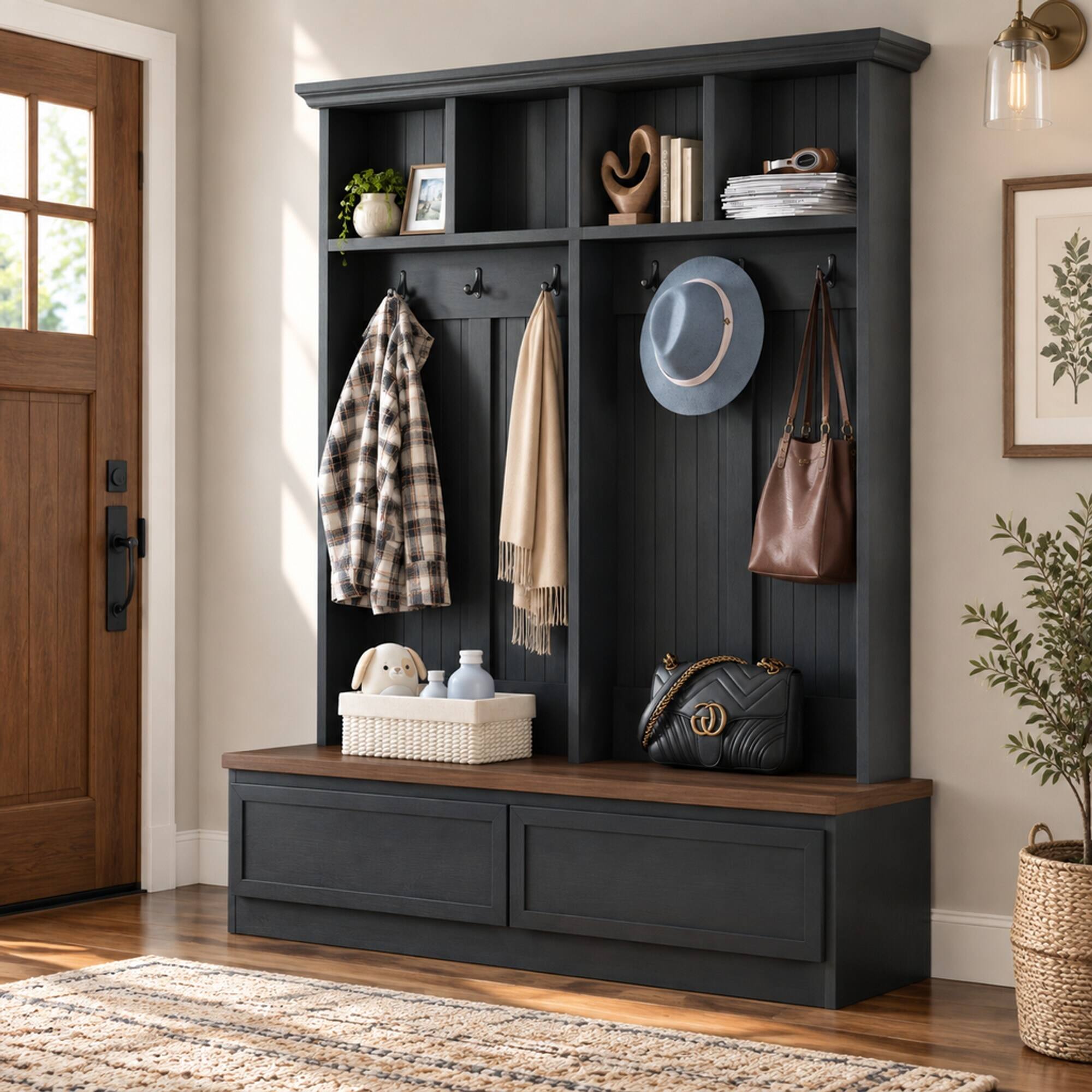 Back. RYHNUYNE - 4-in-1 Hall Tree, Wood Grain Bench, 2 Drawers, 6 Hooks, Black, 55.9 in Wide, Farmhouse Entryway Organizer - Black + Dark Walnut.