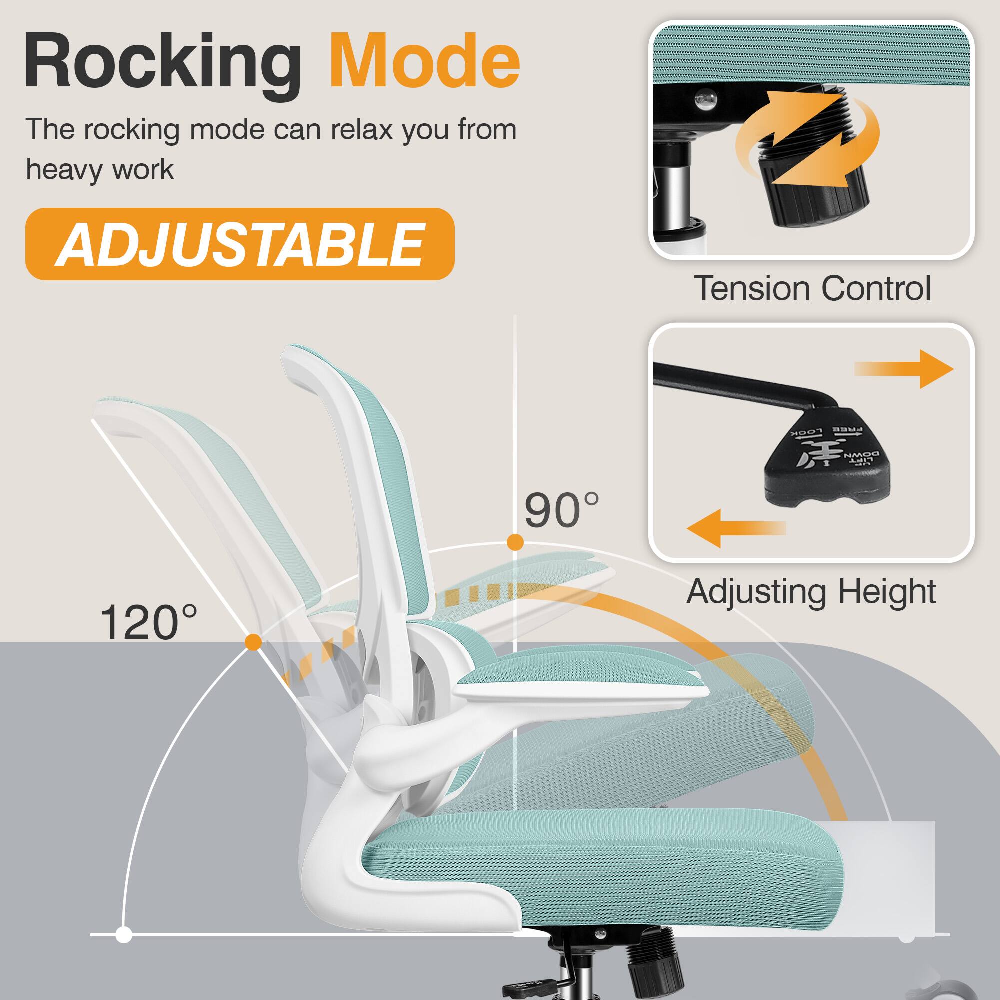 Rocking Mode  
The rocking mode can relax you from heavy work  

ADJUSTABLE  

Tension Control  

Adjusting Height  

90°  

120°