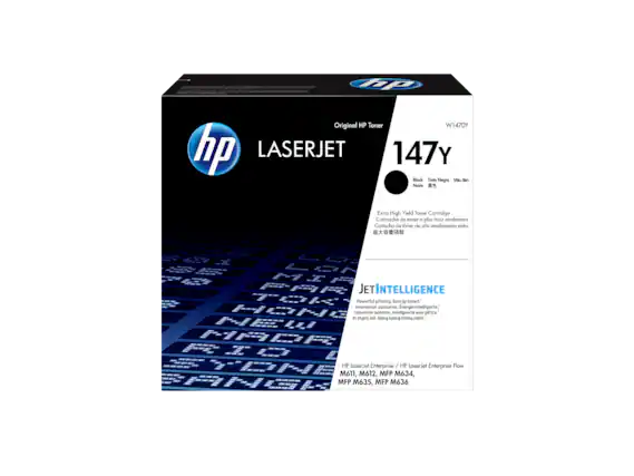 Original HP Toner
LASERJET 147Y
W1470Y
Black / Noir / Negro / Mau den / Tinta Negra / 墨色
Extra High Yield Toner Cartridge
Cartouche de toner de rendement extra
Cartridge de toner de alto rendimiento extra
Cartucho de toner de alto rendimiento extra
Cartridge de toner de rendimento extra
JETINTELLIGENCE
Powerful printing. Energy smart.
Impression puissante. Énergie intelligente.
Impresión potente. Inteligencia energética.
Impressão potente. Inteligência energética.
In manh me. Nang luong thong minh.
HP LaserJet Enterprise / HP LaserJet Enterprise Flow
M611, M612, MFP M634, MFP M635, MFP M636