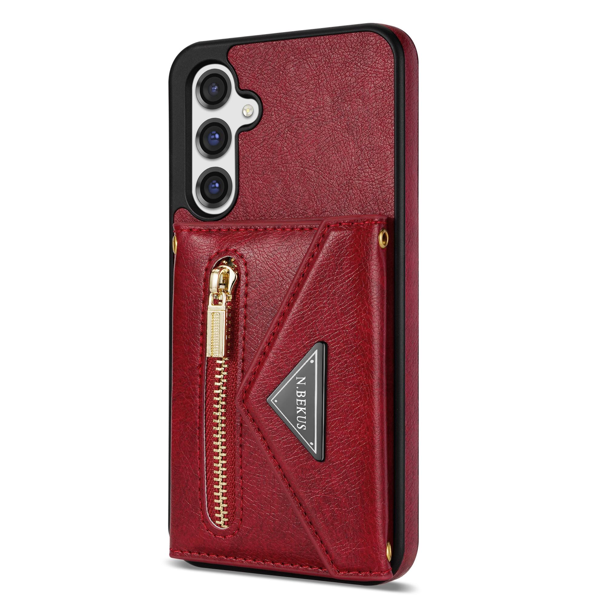Back. Dteck - Crossbody Wallet Case for Samsung Galaxy S26+, Shockproof PU Leather Stand Cover with Zipper Pocket and Card Slots - Red.