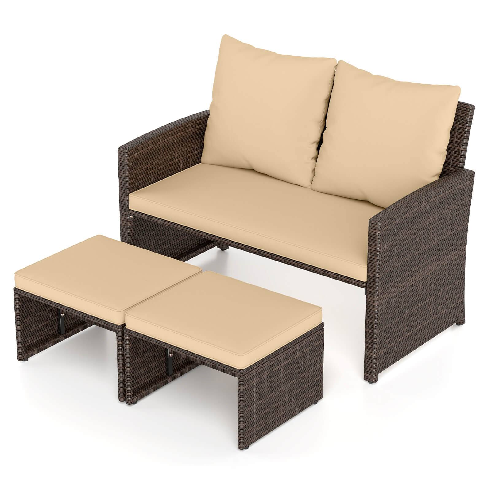 Alt View 1. Costway - Costway Outdoor Loveseat with Ottomans, 3 Pieces Patio PE Wicker Furniture Set with Cushions - Mix Brown + Beige.