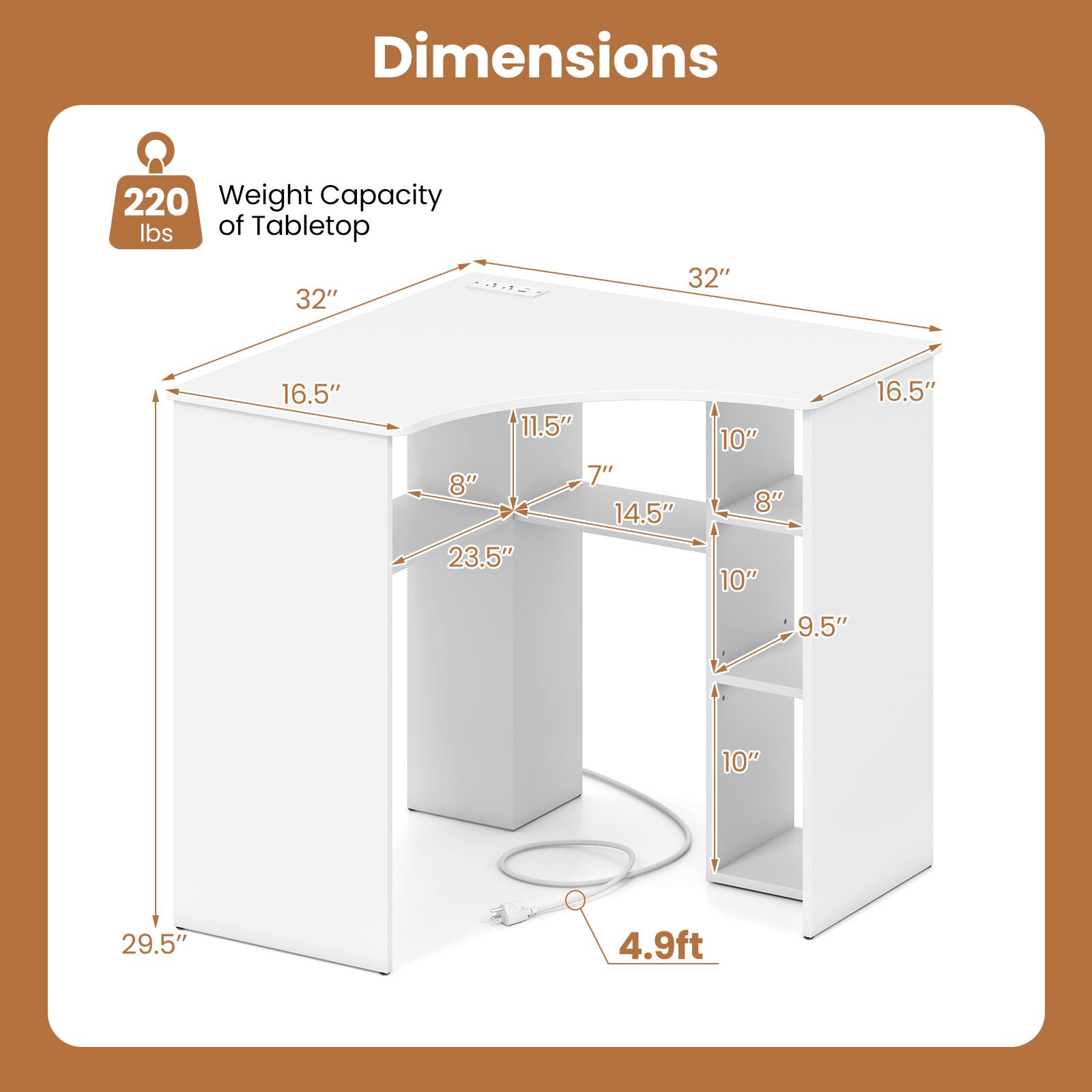 Dimensions

Weight Capacity of Tabletop: 220 lbs

- 32" x 32" (top)
- 16.5" (depth)
- 11.5" (height from top to middle shelf)
- 7" (height from middle shelf to bottom shelf)
- 14.5" (height from bottom shelf to floor)
- 23.5" (height from floor to bottom shelf)
- 10" (width of middle shelf)
- 8" (width of bottom shelf)
- 9.5" (height of bottom shelf)
- 10" (height of bottom shelf)
- 29.5" (height from floor to top)
- 4.9ft (total height)