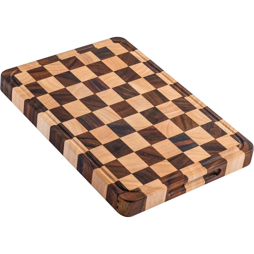 Front. PARKER SLATER - Large Acacia Wood Cutting Board, Thick with Juice Grooves & Handles, 16"x11".