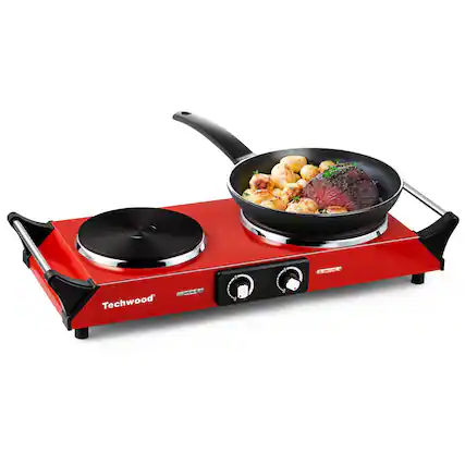 Front. Techwood - 1300w & 500w Double Burner with Stay Cool Handle, Adjustable Temperature Electric Cooktop for RV Home Camp - Red.