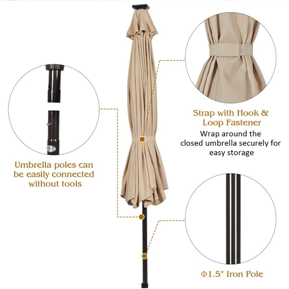 Umbrella poles can be easily connected without tools.  
Strap with Hook & Loop Fastener  
Wrap around the closed umbrella securely for easy storage.  
1.5" Iron Pole
