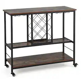 SlickBlue - Wine Bar Cabinet 3-Tier Design with Rack for 8 Bottles and 12 Glass Hangers - Rustic Brown, Black