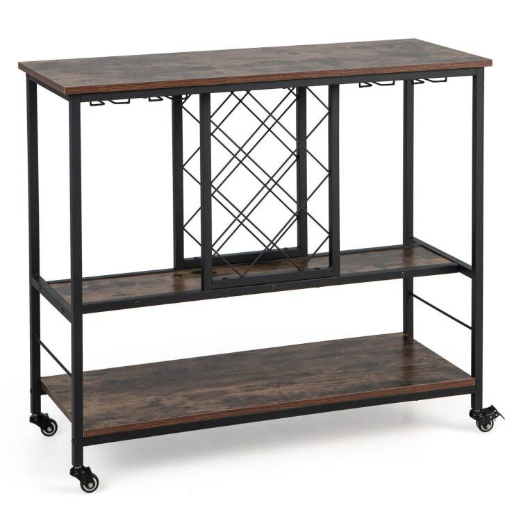 Front. SlickBlue - Wine Bar Cabinet 3-Tier Design with Rack for 8 Bottles and 12 Glass Hangers - Rustic Brown, Black.