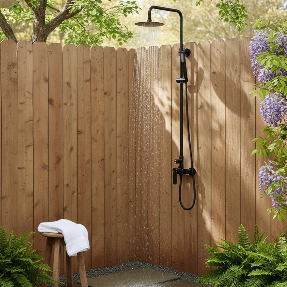 Alt View 2. Dazzed Corner - Wall Mount Outdoor Shower Kit, Single Handle Brass Valve with 8” Rain Head & Handheld - Matte Black.
