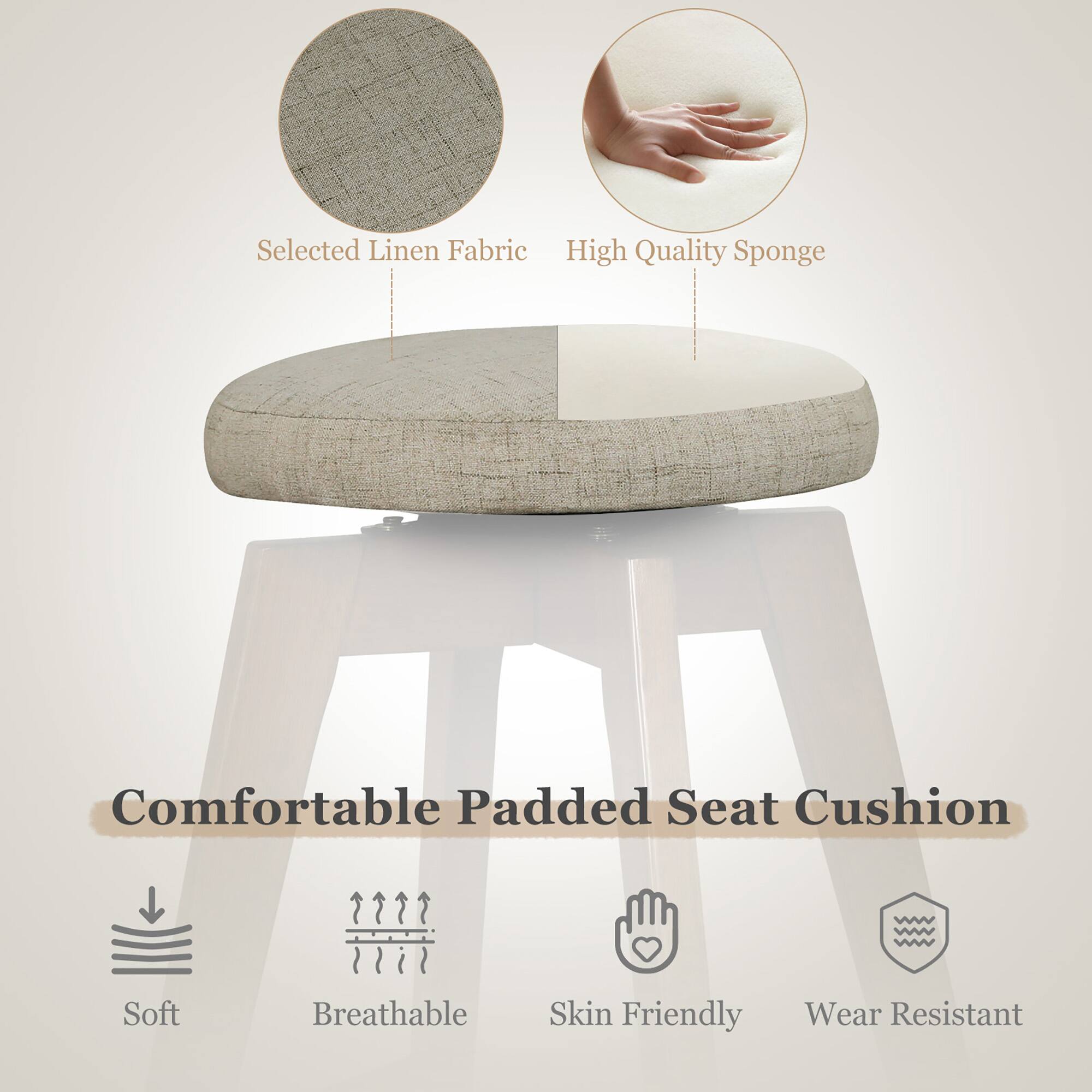 The text on the image is grouped and corrected as follows:

Selected Linen Fabric High Quality Sponge Comfortable Padded Seat Cushion Soft Breathable Skin Friendly Wear Resistant