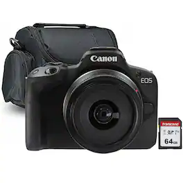 Canon - EOS R50 Camera w/ RF-S 18-45mm IS STM Lens + 64GB SDXC Card + Camera Case - Black