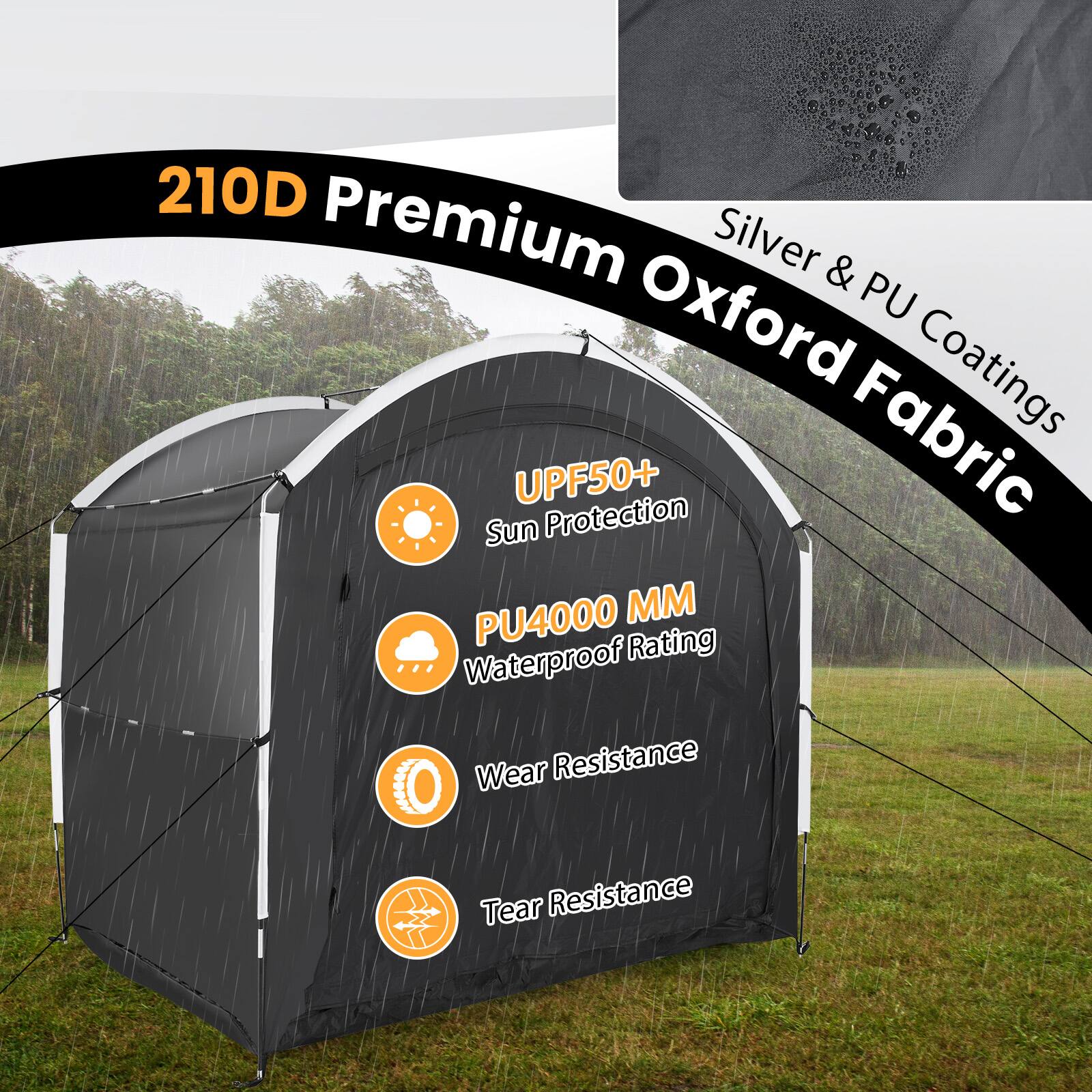 210D Premium Silver & Oxford PU Fabric Coatings  
UPF50+ Sun Protection  
PU4000 MM Waterproof Rating  
Wear Resistance  
Tear Resistance