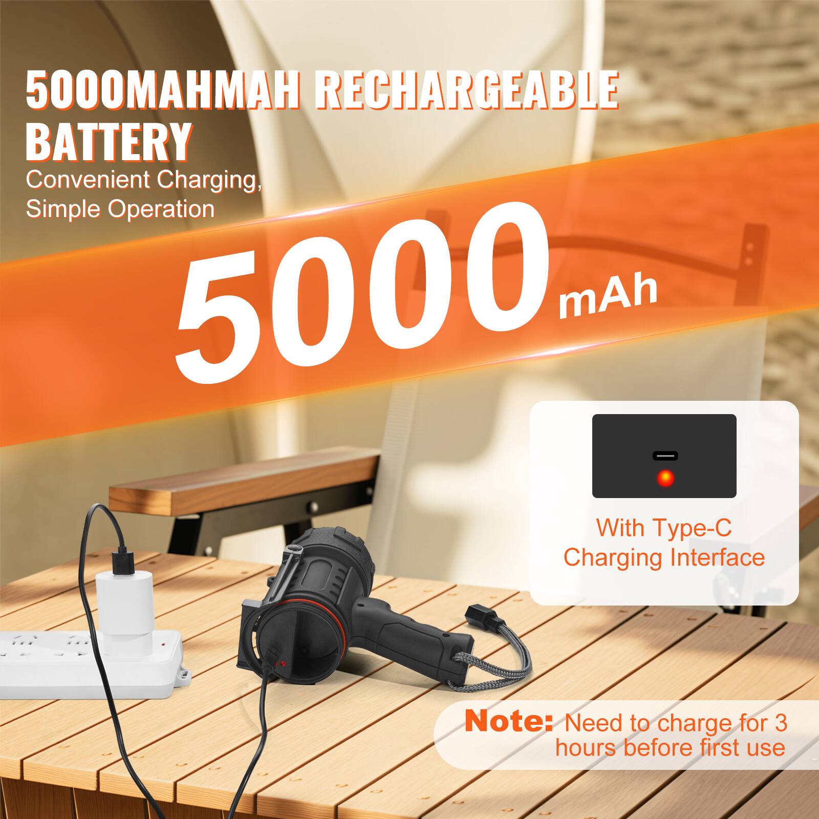 5000 mAh Rechargeable Battery  
Convenient Charging, Simple Operation  

5000 mAh  

With Type-C Charging Interface  

Note: Need to charge for 3 hours before first use