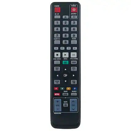 POWER
2D-3D
SOURCE
1 2 3 4 5 6 7
SUBTITLE 8 0 9
AUDIO
DISC MENU MENU TITLE MENU
0. POPUP TOOLS INFO
1 RETURN C EXIT
A B C D
SMART SEARCH
NTFX HUB TV +
MUTE VOL . CH
AK59-00122A