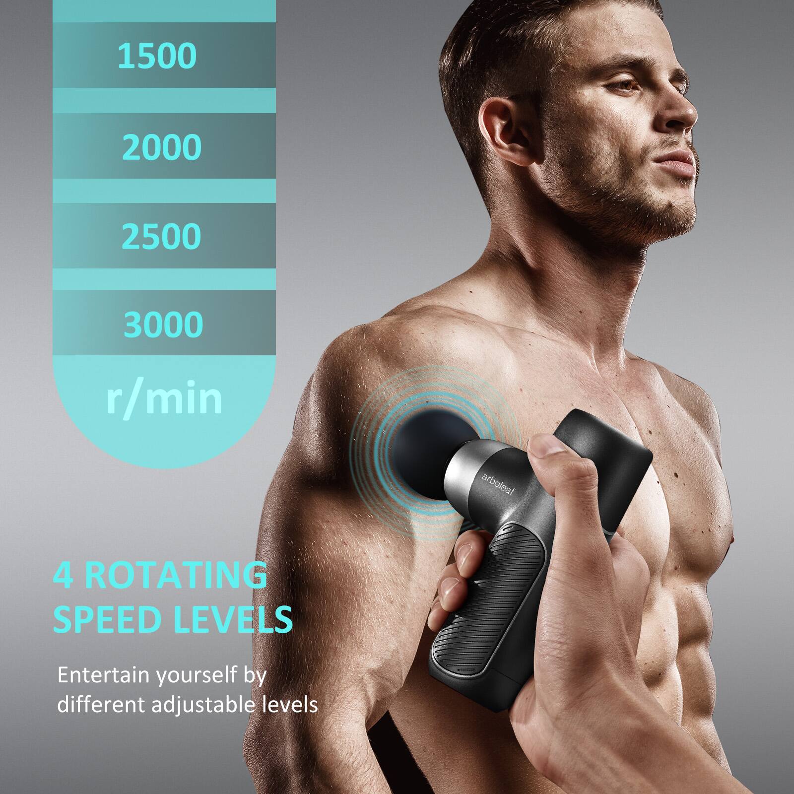 "1500 2000 2500 3000 r/min arboleaf 4 ROTATING SPEED LEVELS Entertain yourself by different adjustable levels."