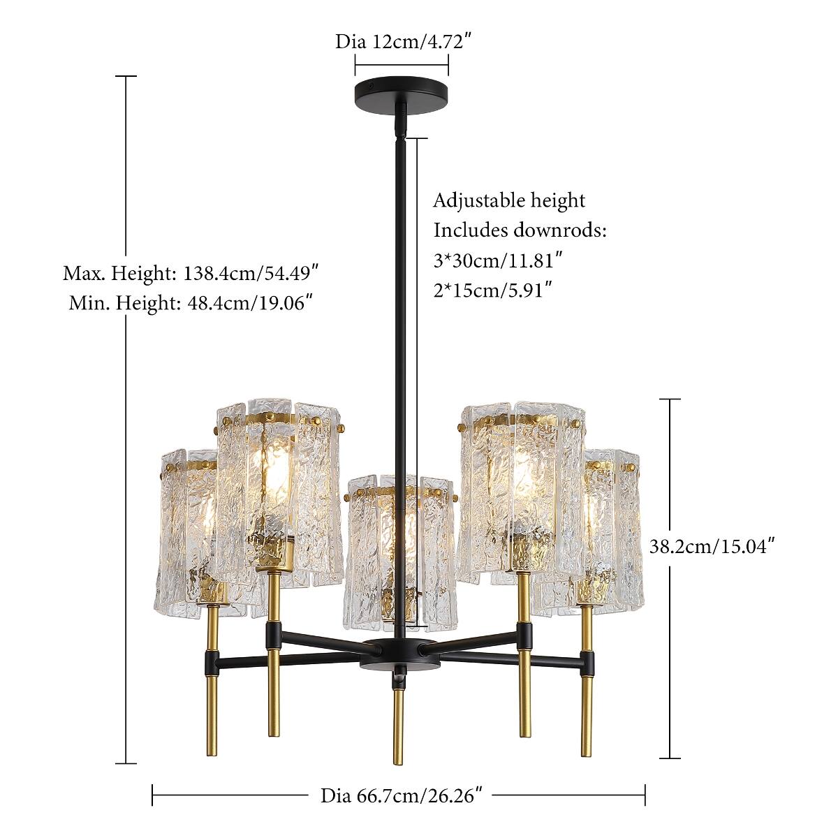Dia 12cm/4.72"  
Max. Height: 138.4cm/54.49"  
Min. Height: 48.4cm/19.06"  
Adjustable height  
Includes downrods:  
3*30cm/11.81"  
2*15cm/5.91"  
38.2cm/15.04"  
Dia 66.7cm/26.26"