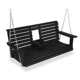 Fortune Candy - HIPS Poly Lumber 3-Seat Porch Swing, 5ft Bench Swing with Foldable Cup Holders & 18/8 Steel Hardware - Black