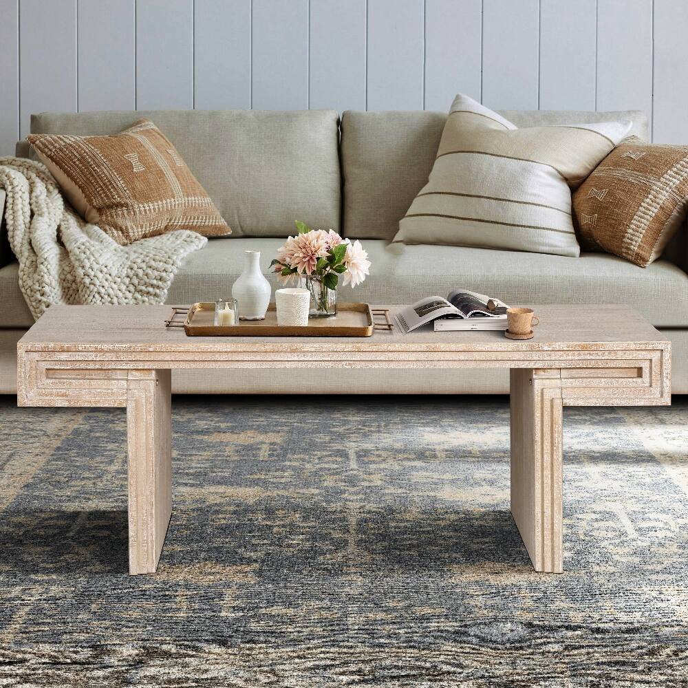Back. Loheer - Loheer vintage industrial coffee table 48 inch rectangular coffee table with staggered open shelving - Antique Natural.