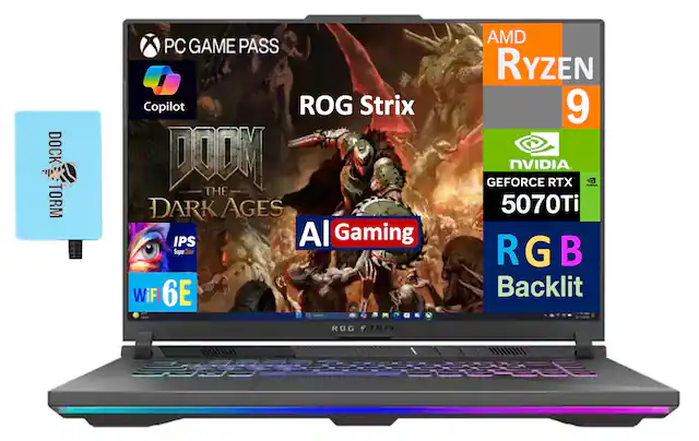 DOCK TORM PC GAME PASS Copilot ROG Strix THE DARK AGES IPS Al Gaming Super Clear WiFi 6E AMD RYZEN 9 NVIDIA GEFORCE RTX 5070Ti RGB Backlit ROG STRIX