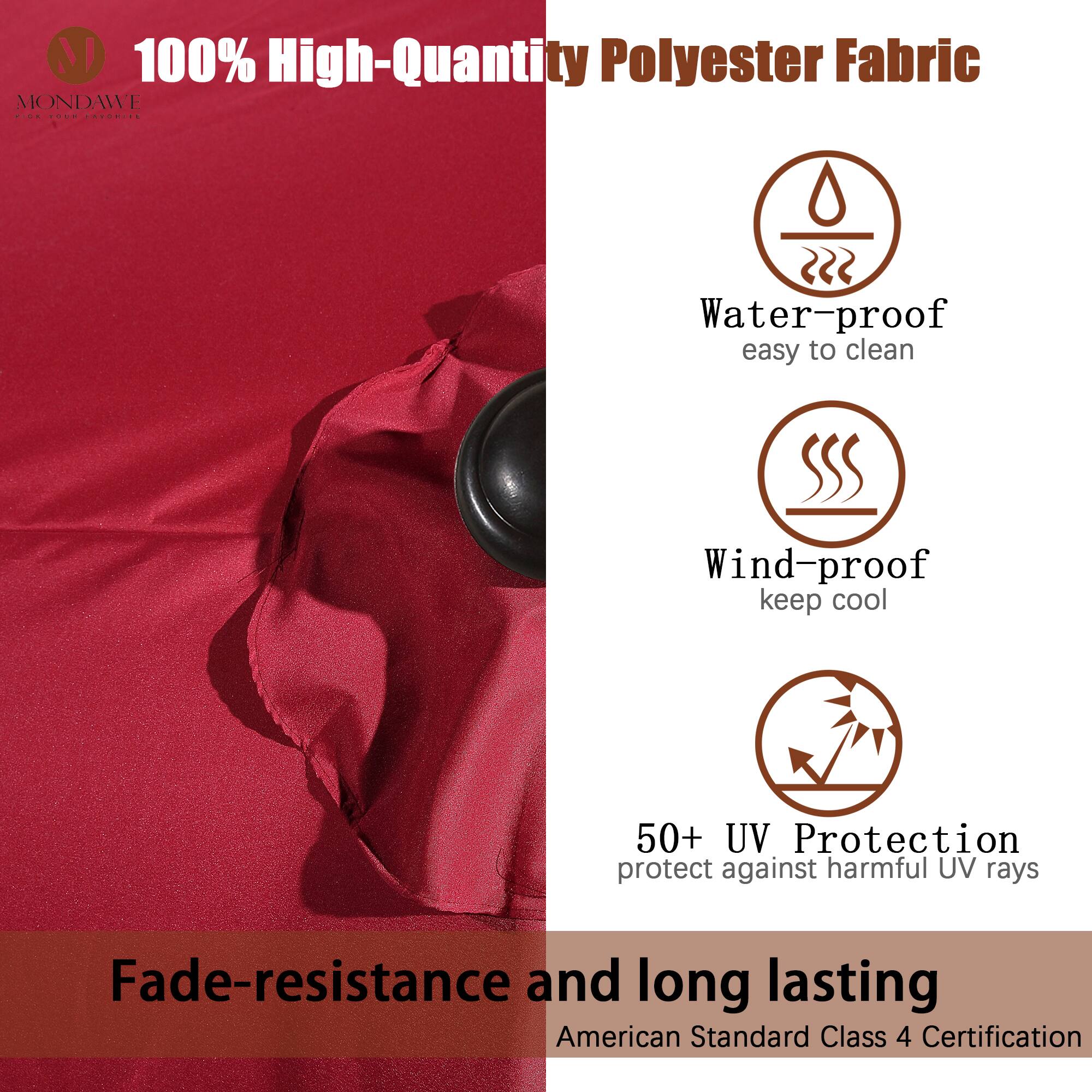 100% High-Quantity Polyester Fabric

- Water-proof
  - easy to clean

- Wind-proof
  - keep cool

- 50+ UV Protection
  - protect against harmful UV rays

Fade-resistance and long lasting

American Standard Class 4 Certification