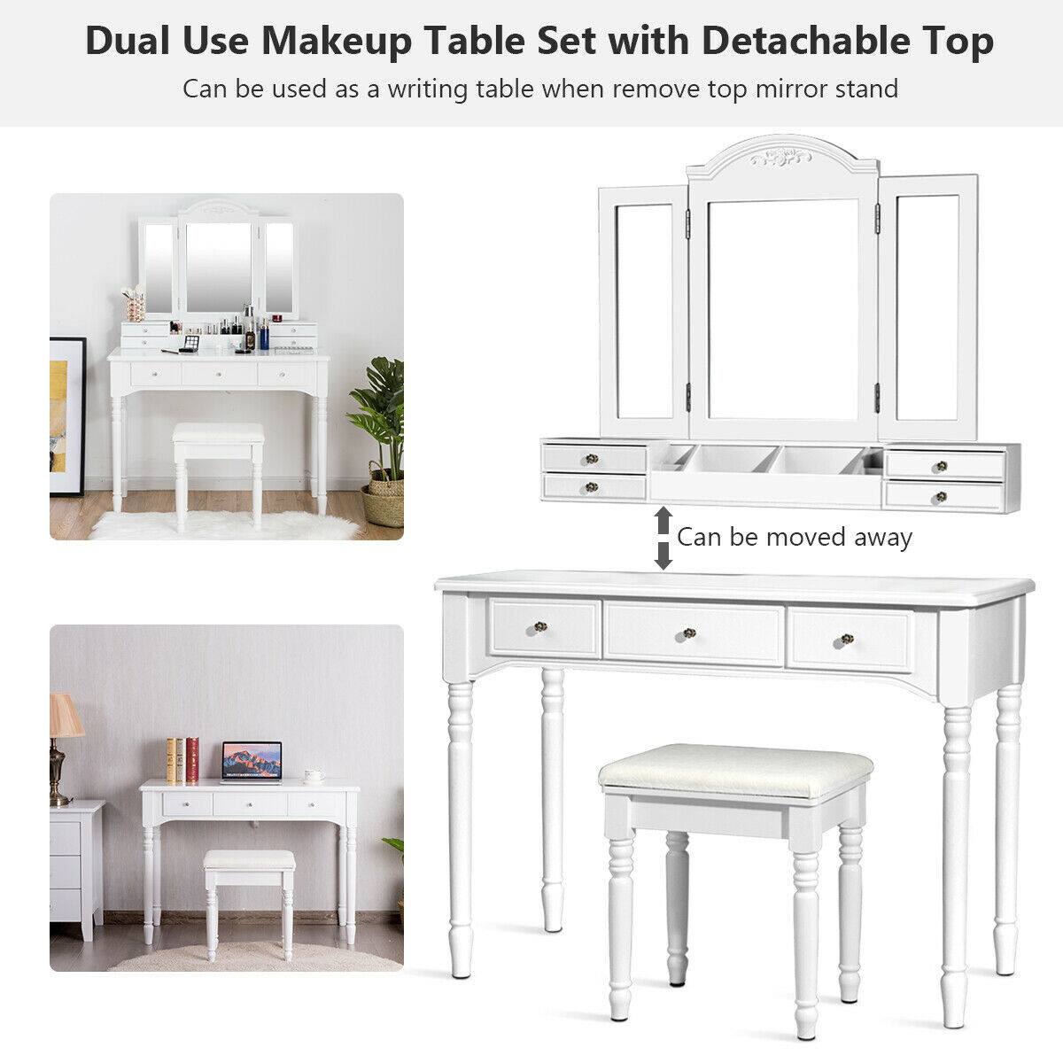 Dual Use Makeup Table Set with Detachable Top  
Can be used as a writing table when remove top mirror stand  
Can be moved away