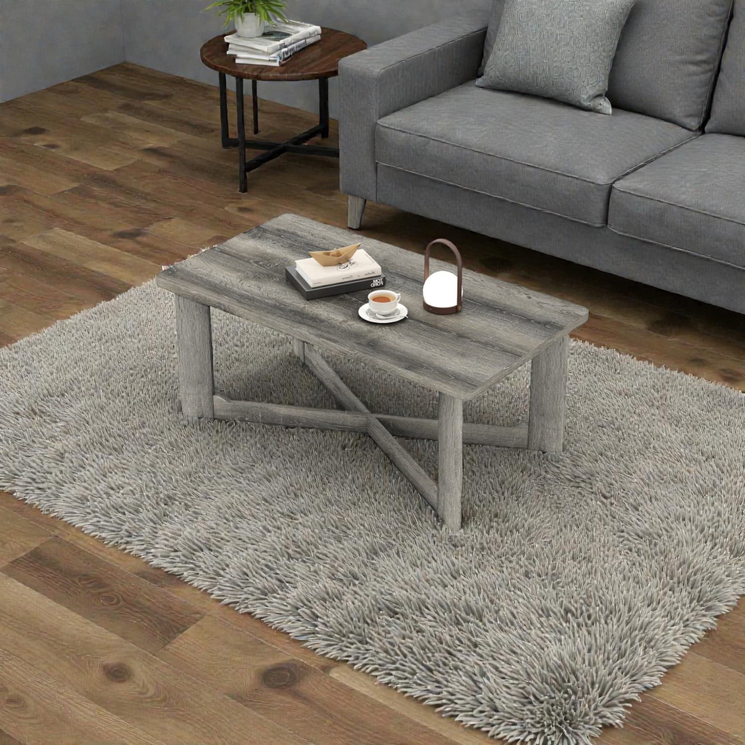 Hivvago - Rubberwood Coffee Table with Rectangular Top and X-Shape Legs - Gray