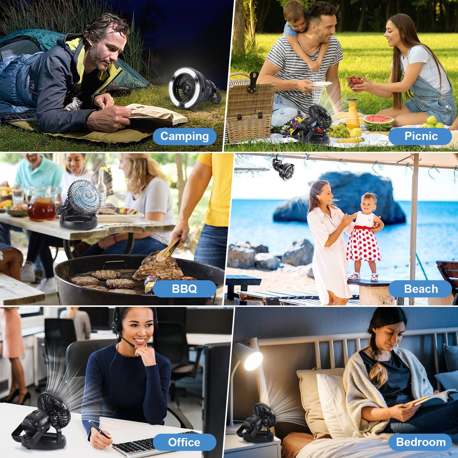 Camping  
Picnic  
BBQ  
Beach  
Office  
Bedroom