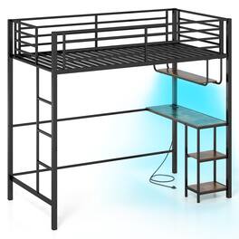 Costway - Twin Loft Bed with Desk, LED Lights, Charging Station, Guardrail, Ladder, Shelves - Black + Rustic Brown