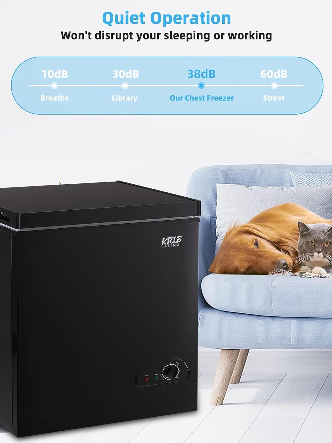 Quiet Operation  
Won't disrupt your sleeping or working  

10dB - Breathe  
30dB - Library  
38dB - Our Chest Freezer  
60dB - Street  

KRIB BLING
