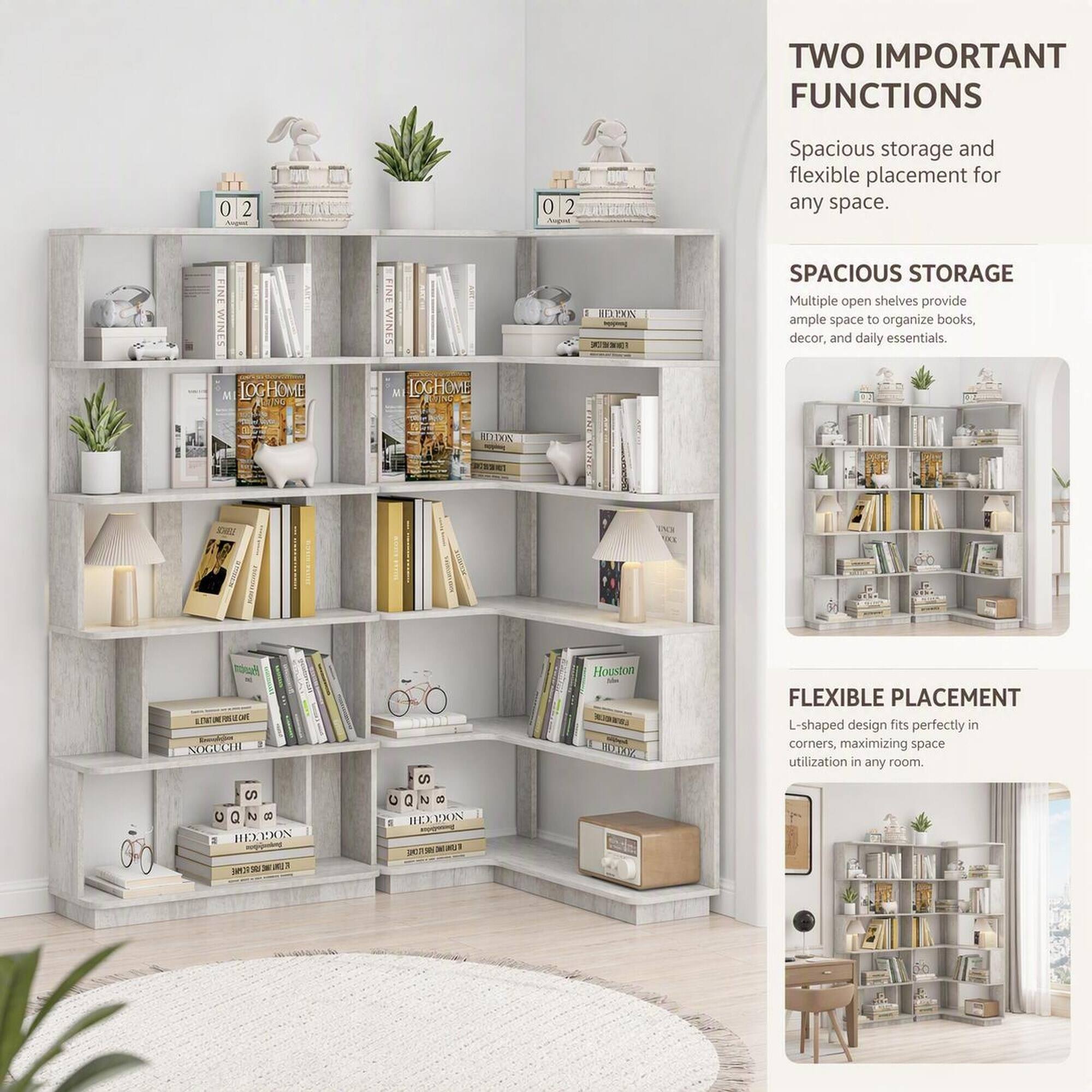 TWO IMPORTANT FUNCTIONS

Spacious storage and flexible placement for any space.

SPACIOUS STORAGE
Multiple open shelves provide ample space to organize books, decor, and daily essentials.

FLEXIBLE PLACEMENT
L-shaped design fits perfectly in corners, maximizing space utilization in any room.