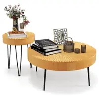 Costway Farmhouse Round Coffee Table Set of 2 End Table Finish for Living Room - Natural - Front_Zoom