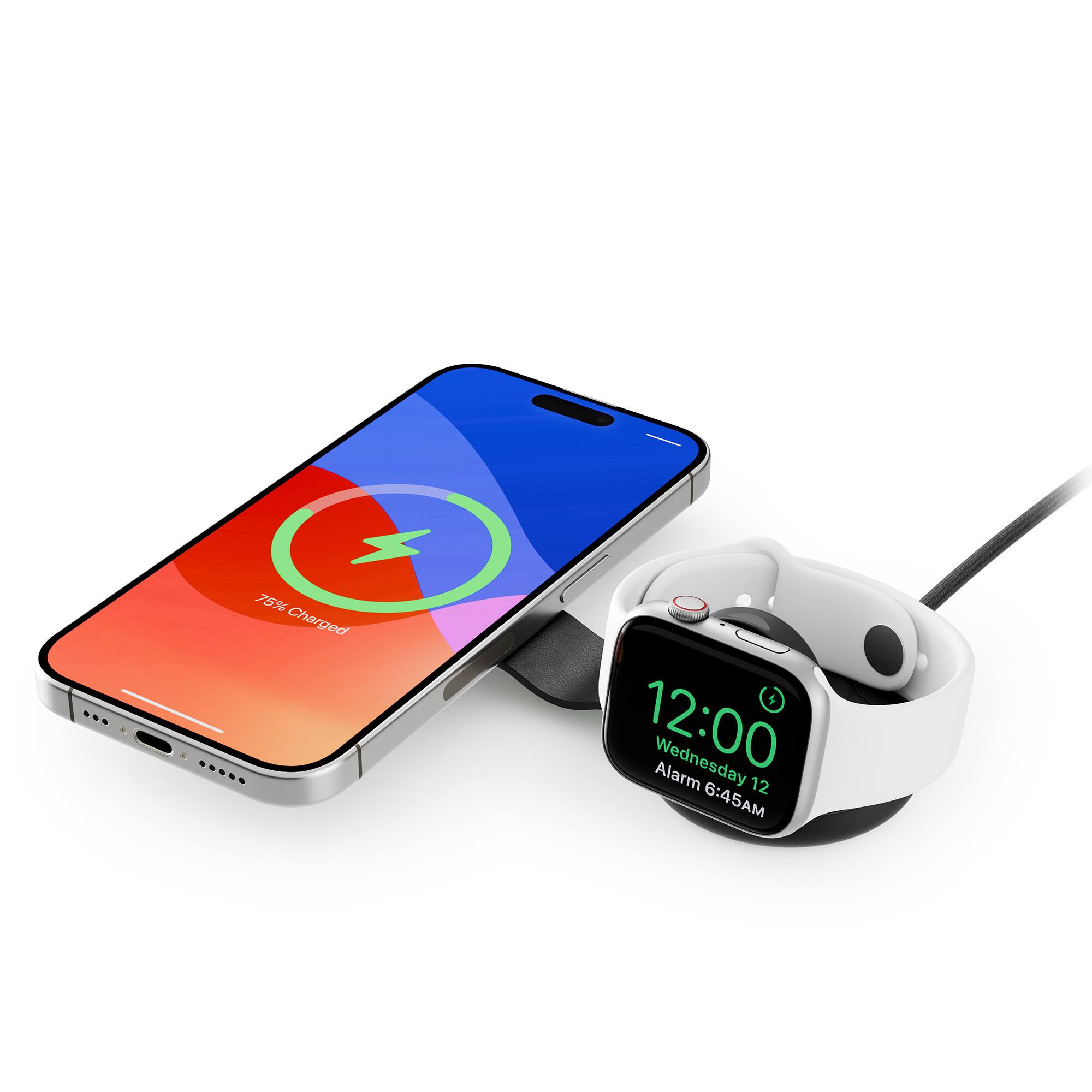 The image shows a smartphone and a watch charging on a table. The phone is 75% charged, and the watch displays the time as 12:00 on Wednesday. The alarm is set for 12:06 AM.