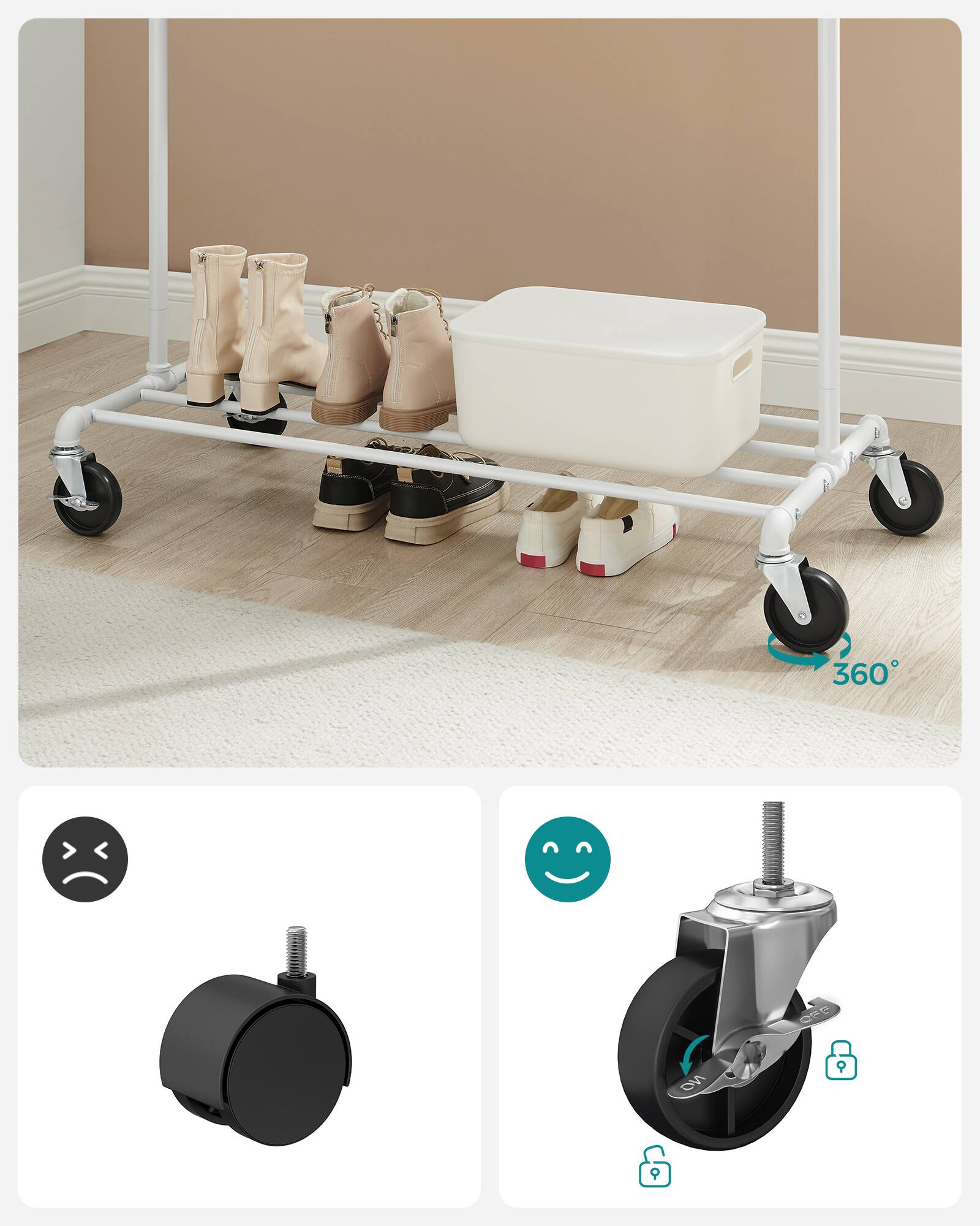 Alt View 3. Songmics Home - Heavy-Duty Clothes Rack, Clothing Rack for Hanging Clothes, Industrial Garment Rack on Wheels, Metal Frame - Matte White.
