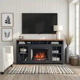 Loheer - 74-Inch Farmhouse Fireplace TV Stand for 85 Inch TV with Glass Doors - Black