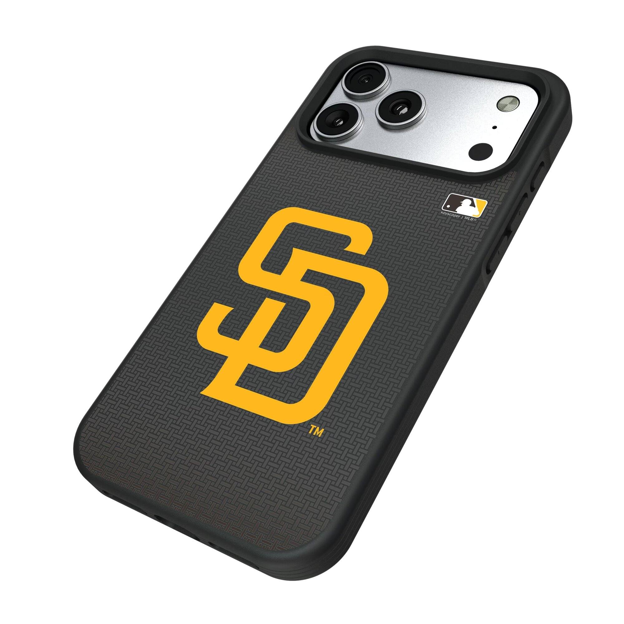 Alt View 1. Keyscaper - San Diego Padres Linen Logo iPhone Bump Case - 15 Pro Max - Black.