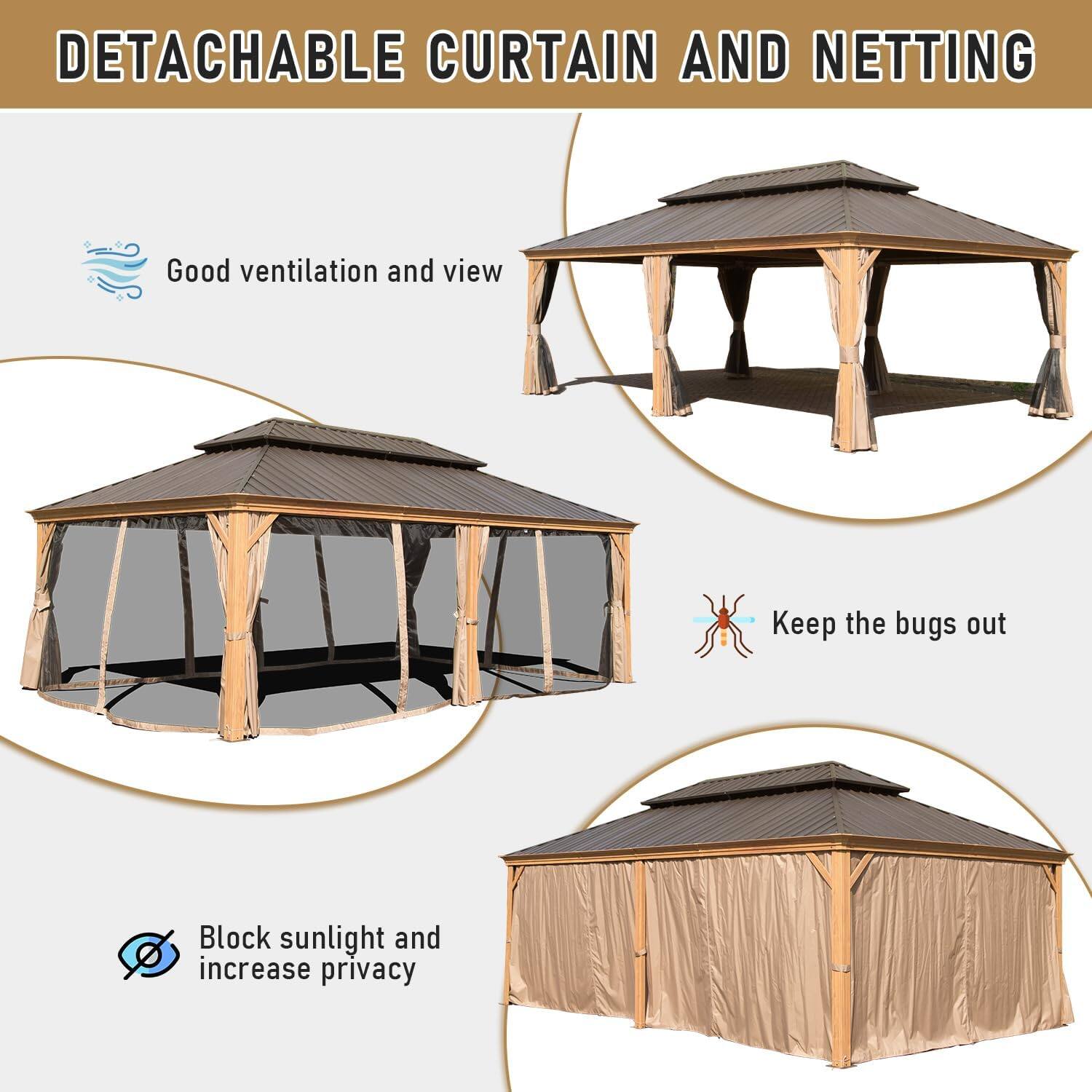 DETACHABLE CURTAIN AND NETTING

- Good ventilation and view
- Keep the bugs out
- Block sunlight and increase privacy
