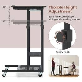 Resenkos - Mobile Height-Adjustable Standing Desk - Tilting Tabletop, Black Oak + Black - Brown