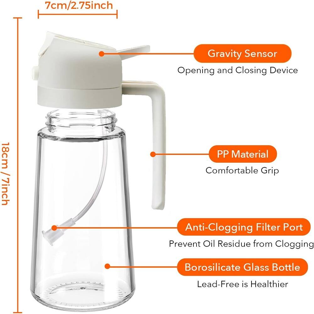 - 7cm/2.75inch Gravity Sensor Opening and Closing Device
- 18cm/7inch PP Material Comfortable Grip
- Anti-Clogging Filter Port Prevent Oil Residue from Clogging
- Borosilicate Glass Bottle Lead-Free is Healthier